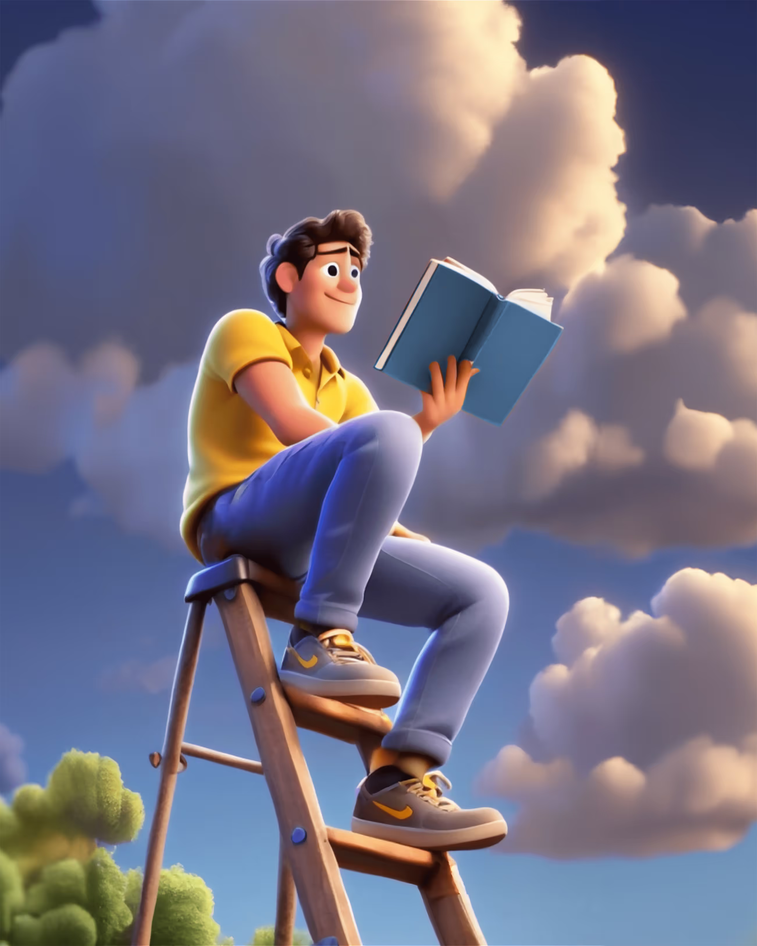 AI generated Disney style 3D person sitting on a ladder reading a book in cloudy background